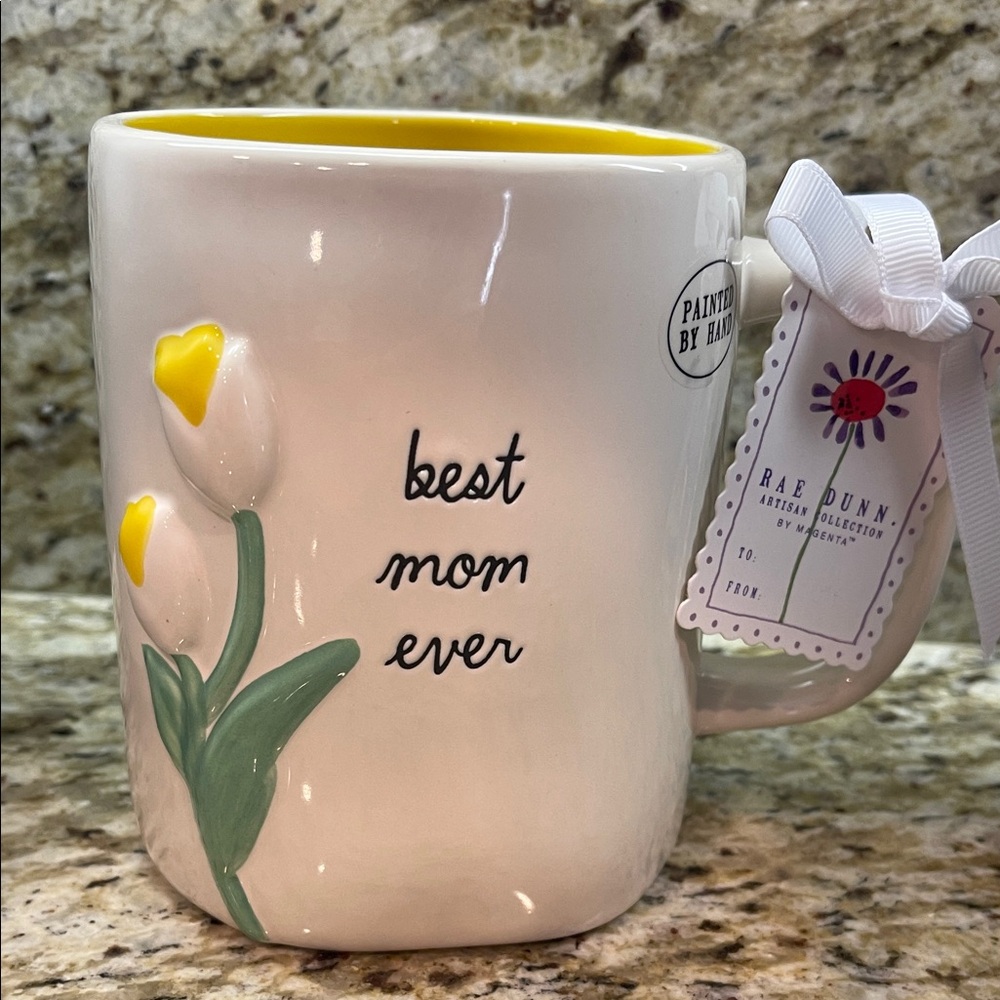 Rae Dunn “Best Mom Ever” White Ceramic Mug w/Yellow Tulip Accents with hearts 💛
